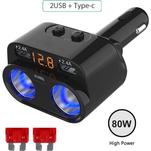 12-24V Car Charger Dual USB + 2 Cigarette Lighter Socket + Type-C 80W 4.8A Power Outlet LED Voltage Monitor with On/off Switch