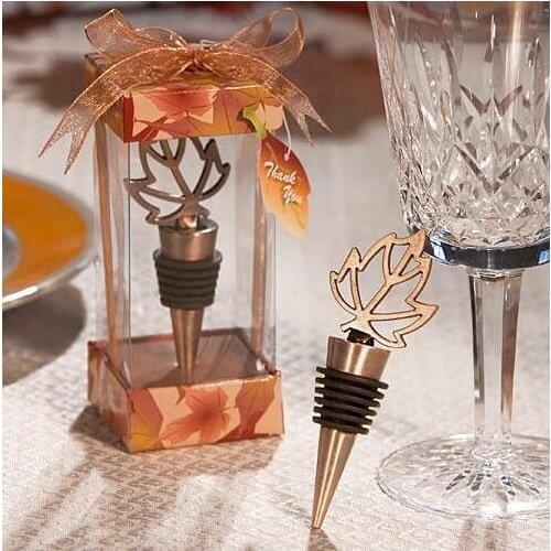 Free Shipping 100pcs/lot Wedding favors gifts bronze Fall in Love Wine Maple leaves Bottle Stopper