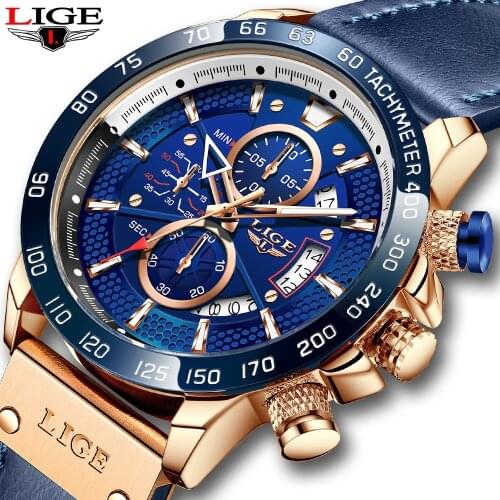 LIGE Fashion Blue Leather Mens Watches Top Brand Luxury Sport Chronograph Quartz Watch Men Casual Waterproof Male Wrist Watches