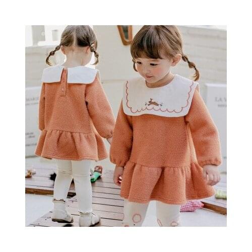 Korean Kids Dresses for Girls 2021 Spring Autumn Baby Girls Dress Square Collar Embroidery Gold Velvet Princess Dress 2-7 Years