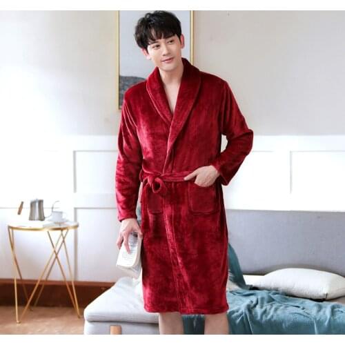 Men Casual Wine Red Kimono Bathrobe Autumn Winter Flannel Long Robe Thicken Warm Soft Sleepwear Nightgown Male Casual Home Wear