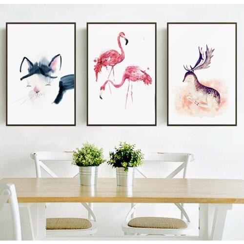 Canvas Painting Nordic Prints Home Decoration Wall Art Cat Picture Deer Watercolor Style Flamingo Poster For Living Room Modular