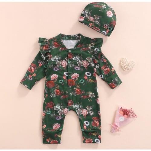 0-12M Newborn Baby Girls Boys Romper Hats 2pcs Flowers Printed Ruffles Long Fly Sleeve Single Breasted Jumpsuits