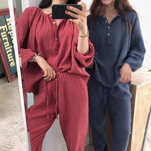 Korean Cotton Line Home Suit Women Solid Vintage Sleepwear Soft Pajamas Set Sweet Loose Buttons Lace Up Long Pants Tow Piece Set