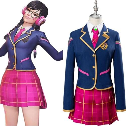 OW Cosplay D.VA Costume Hana Song DVA Academy Dress School Uniform Suit Girls Outfit Glasses Adult Halloween Carnival Costume