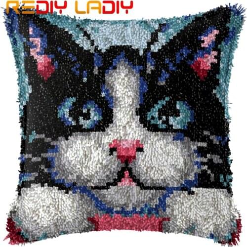Latch Hook Cushion Kitten Face Pillow Case Pre-Printed Color Canvas Acrylic Yarn Latched Sofa Pillow Crochet Cushion Cover Kits