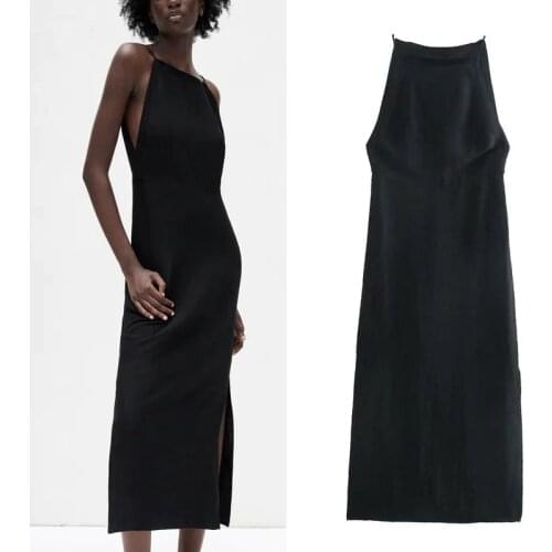 Summer Linen Woman Midi Dress 2021 Za Vintage Sleeveless Straight Neck Black Dress Elegant Side Slit Hem Party Feminine Dresses