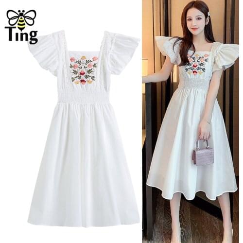 Tingfly Summer Egirl Ruffles Flower Embroidery White Color A Line Casual Dress Sweet Lady Summer High Waist Retro Street Elbise