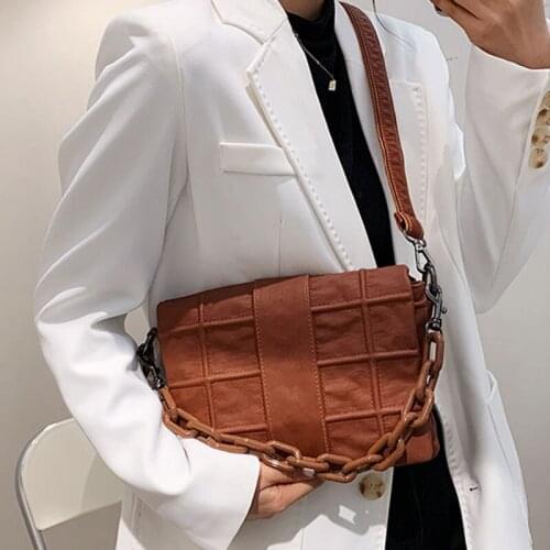 Fashion Lattice Pattern Crossbody Bag Women Acrylic Chain Bucket Handbag Female Solid Color PU Leather Shoulder Messenger Pouch