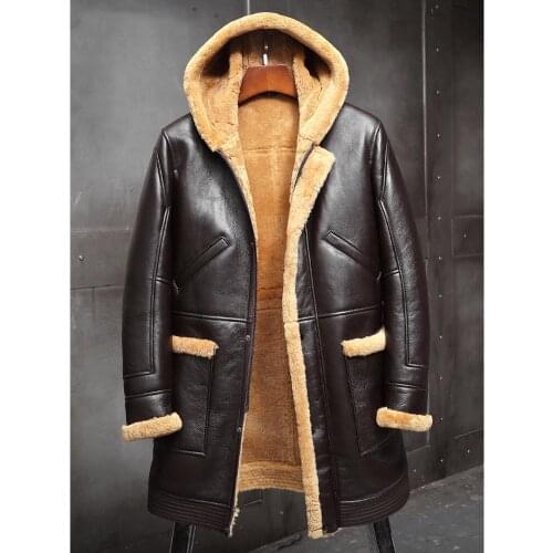 2019 New Mens Shearling Jacket Sheepskin Coat Hooded Leather Jacket Fur Coat Mens Winter Coats Long Fur Jacket