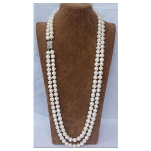 CHARMING NATURAL 2 ROW 9-10MM WHITE AAA++ AKOYA SOUTH SEA PEARL NECKLACE 24" Beads Wedding silver jewelry