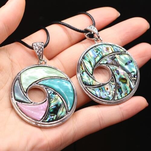 Natural Abalone Shell Round Mother of Pearl Shell Wax Thread Necklace Pendant Women Jewelry Gift Length 55cm Size 40x40mm