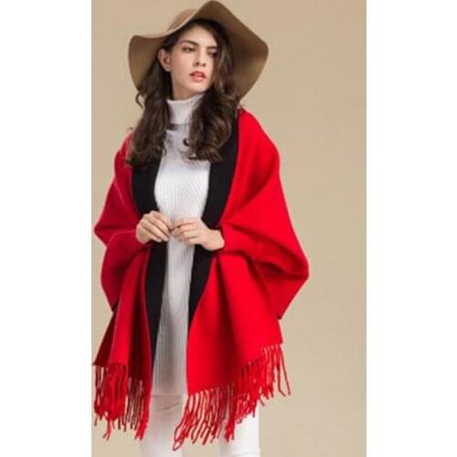 Women Winter Poncho With Sleeve Shawls And Wraps Pashmina Red Thicken Scarf Stoles Femme Hiver Warm Reversible Ponchos And Capes
