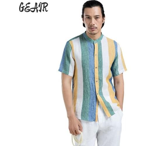 2021 Luxury Plaid Shirt 100% Flax Mens Linen Short Sleeve Chinese Style Retro Striped Casual Shirt Round-neck Loose T-shirt Man