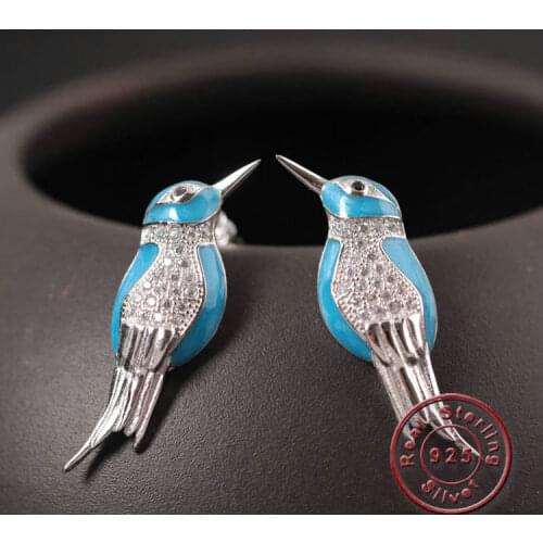 Amxiu Cute Bird Magpie Earrings 925 Sterling Silver Stud Earrings Enamel Zircon Jewelry Earrings For Women Girls Accessories