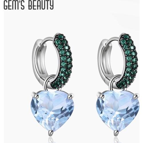 GEMS BEAUTY Natural Sky Blue Topaz Handmade Statement Earrings Drop Earrings 925 Sterling Silver Heart Earrings For Women
