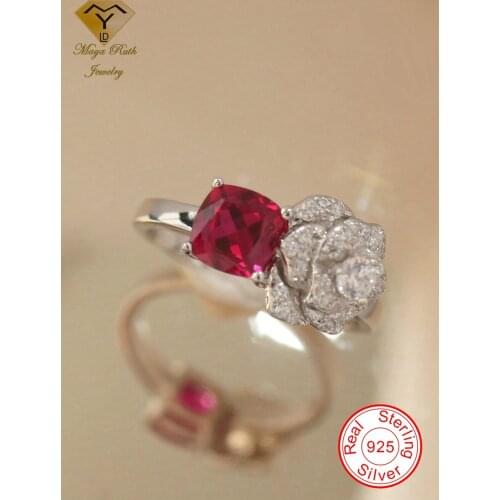 Created Ruby Real Echt 925 Sterling Silver Party Cocktail Unusual Ring For Women Female Friend Gifts Red Rose Flower Shape Cute