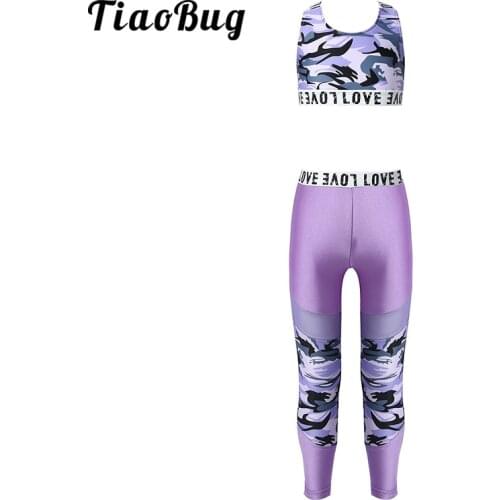 TiaoBug Kids Girls Tracksuit Stretchy Sports Sets Printed Crop Top with Mesh Splice Leggings Pants Ballet Gymnastics Dance Wear