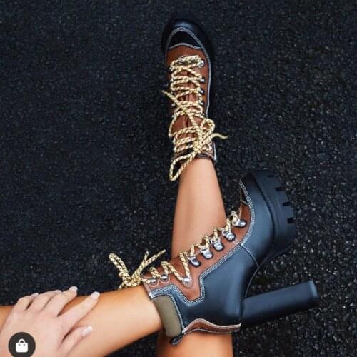 2020 Spring Autumn New Fashion Platform Ankle Boots Women 12cm Thick Heel Platform Boots Ladies Work Booties Lace-up Black Shoes