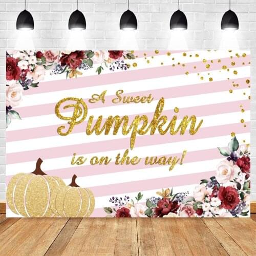 Autumn Pumpkin Flower Pink Stripe Gold Dots Newborn Baby Shower Birthday Backdrop Vinyl Photography Background Photophone Poster