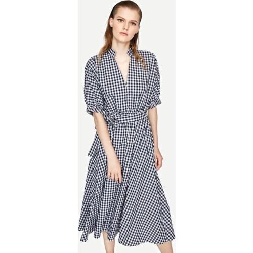 Vintage Women Shirt V Neck Short Sleeve Cotton Summer Dresses Plaid Print Casual A-line Office Lady Beach Vacation Dress