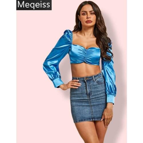 Meqeiss 2019 New ictorian puff long Sleeve satin Blouse Shirt crop top Women faux silk Square Neck Button tops and blouses tunic