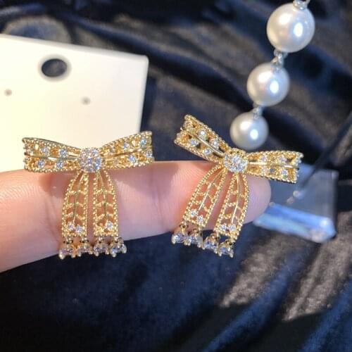 S925 Silver Needle Cute Bow Stud Earrings Gold Tone Pave Premium Water Drop Zircon Earrings For Women Fine Jewelry