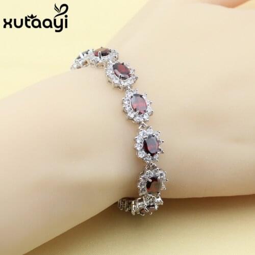 Hight Quality Red Created Garnet White Crystal Silver color Jewelry For Women Adjustable Link Chain Bracelet Length 18+2 cm
