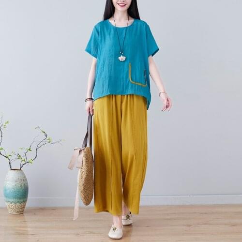 2021 New Korea Style Fashon Set Loose Tops Wide leg pants Two Piece Women Clothes Set Cotton Linen Summer Casual Set Suits