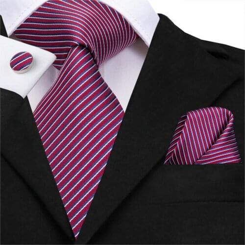 SN-3179 100% Silk Woven Mens Tie Red Striped Necktie Hanky Cufflinks Set Classic Mens Party Wedding Pocket Square Necktie