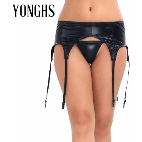 Womens Lingerie Underwear Wetlook Leather Garter Panty Plastic Clip Sock Garter Belt Holder Fastener Suspender with G-string