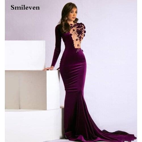 Smileven Caftan Purple Mermaid Evening Gowns Velvet Long Sleeve 3D Flowers Formal Party Dress Longo Prom Dresses Illusion Style