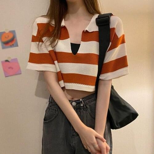 2021 Summer Women V-Neck Knitted Vest Short Sweater Vests Short Female Casual Sleeveless Stripe Knit Pullovers