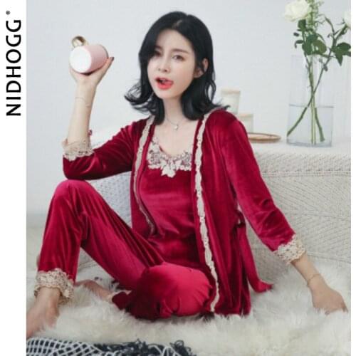 2020 Velvet Pajamas for Women Winter Sleepwear Set 3 Pieces Warm Sexy Lace Sling Nightdress Homewear Plus Size Oneies Wholesale
