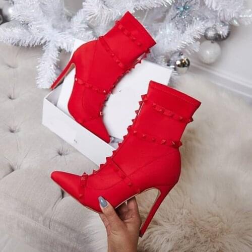 2021 Fashion Luxury Women 11.5cm High Heels Boots Fetish Rivets Silk Sock Boots Stiletto Ankle Boots Scarpins Studded Red Shoes