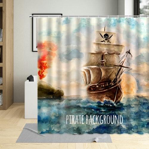 3D Pirate Ship Shower Curtains Sea Navigation Scenery Ocean Sail Boat Bathroom Curtain Waterproof Home Decor Screens With Hooks
