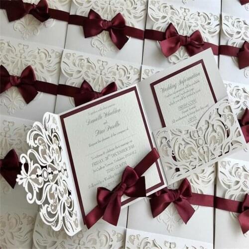 50 P Ivory Tri-Fold Laser Cutout Openwork Flower Wedding Invitation Card Set Postcard High-end Business Dealings Print