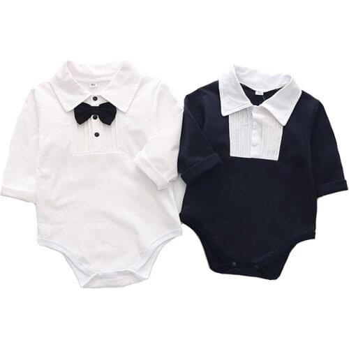 Free Ship Baby Boy Gentleman Tie Suits Long Sleeve Triangle Romper Clothes Black and White Formal Wedding Suits Jumpsuits