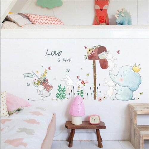 Kids Room Cartoon Wall Sticker Baby Elephant Rabbit Receive Mail Wallpaper Childs Nursery Decoration Mural Home Decor DIY Decal