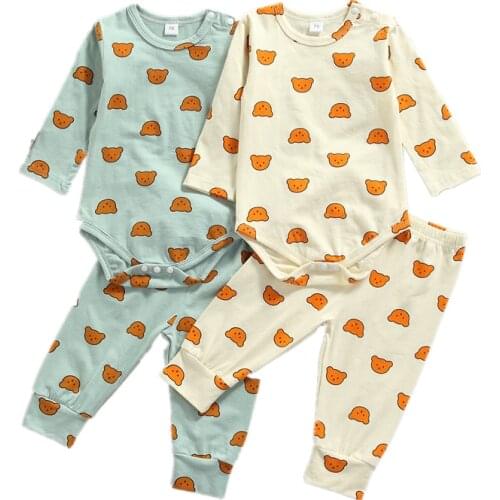 2 Pieces Baby Clothes Spring Autumn Cotton Set Cartoon Bear Print Round Neck Long Sleeve Romper + Long Pants for 0-24 Months