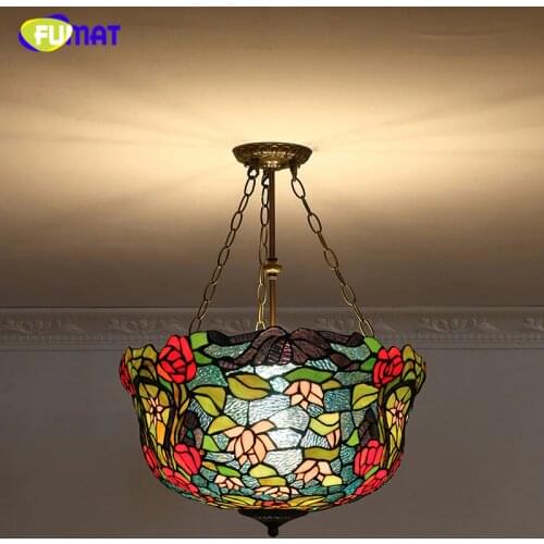 FUMAT European Classic Villa Pendant Light Lotus Lampshade Stained Glass Lightings For Living Room Dining Room Pendant Lights