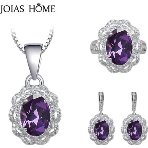 JoiasHome Trendy Sterling Silver 925 Jewelry Set for Women Geometry Gemstones Amethyst Flower shaped ring necklace earring party