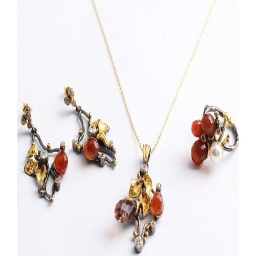 Drop Pearl Leaf Zultanite and Green Jewelry Set Gold Plated,Woman Silver Zultanite Ring+Necklace+Earrings,Handmade Woman Silver