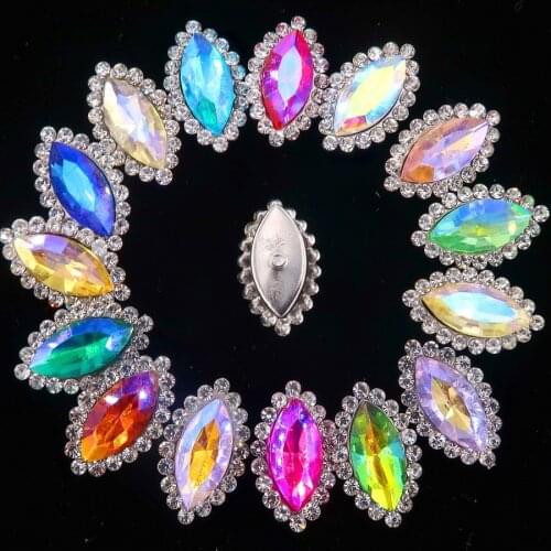 7*15mm AB glass crystal with rhinestones 20pcs/p Silver claw settings Marquise Navette shape Sew on rhinestone wedding dress diy