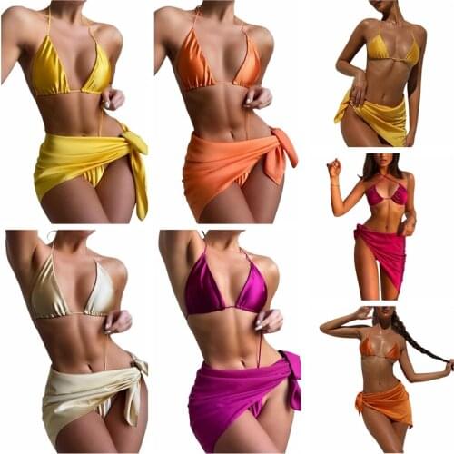 Meihuida 2021 New 3 Pieces Swimwear Set Solid Color Spaghetti Strap Bikini Tops+ Panties+ Package Hip Skirt for Women Bikinis