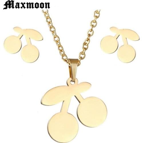 Maxmoon Cherry Stainless Steel Necklace And Earrings Women Wedding Jewelrys For Gifr Children Jewelry Sets For Girls