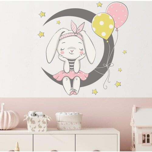 Cartoon Bunny Bear Sleeping On The Moon And Stars Wall Stickers For Kids Room Baby Room Decoration Wall Decals Room Interior