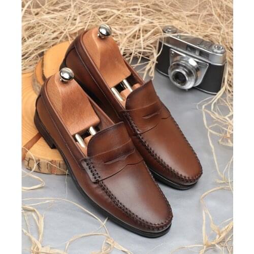 MENS LEATHER BROWN CASUAL DAILY SHOES WEAR STYLE FASHION
