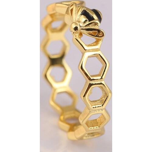Authentic S925 Enamel Shine Honeybee Openwork Ring For Women Wedding Party fit Lady Fine Jewelry