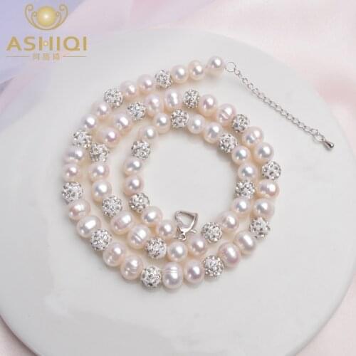 ASHIQI Real Natural Freshwater Pearl Necklace with White Clay Zircon Ball Jewelry for Women Gifts